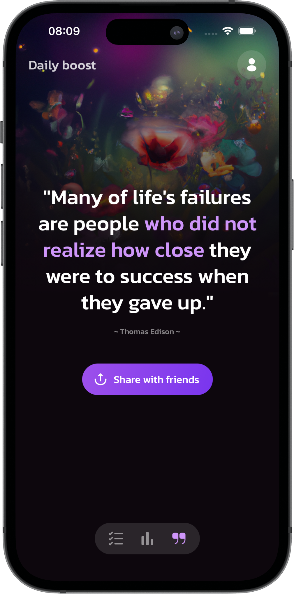Daily Boost screen with today's motivational quote