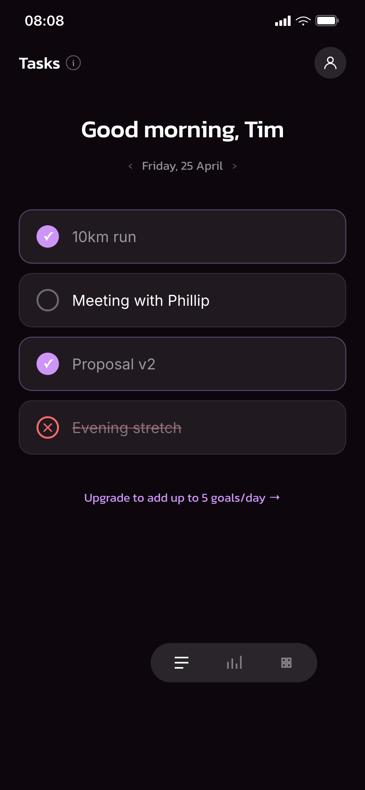 Today's goals with a mix of completed and pending items