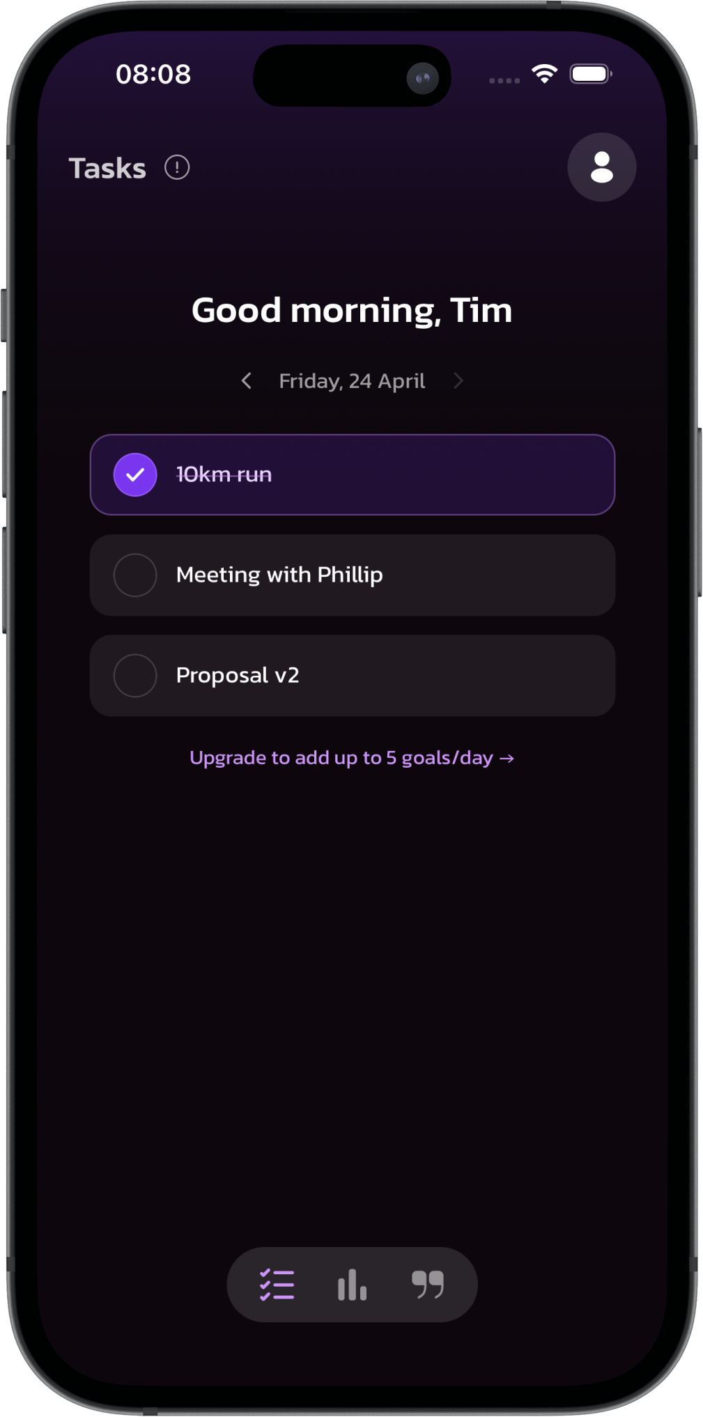 Lansia home screen with five goals for the day